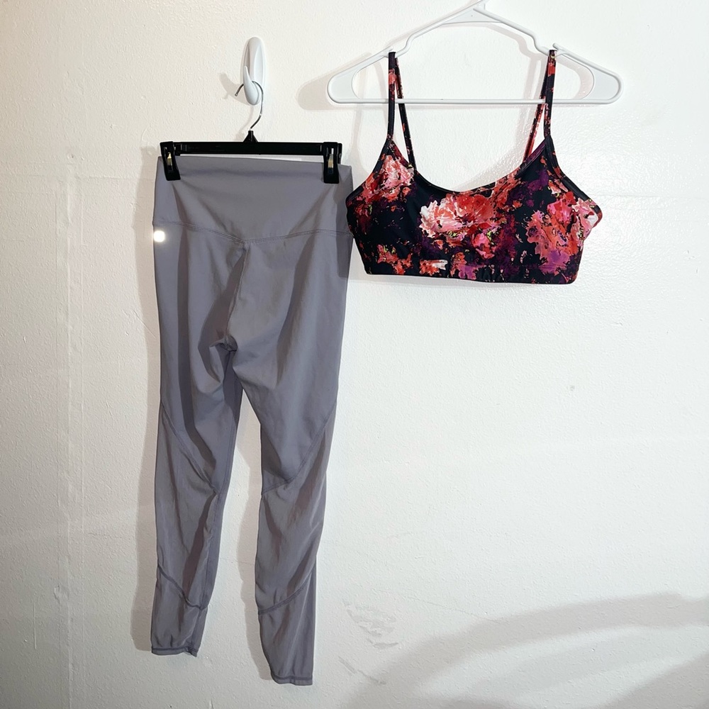 Fabletics Lilac Purple Leggings & Floral Sports Bra Bundle Set - Size Medium